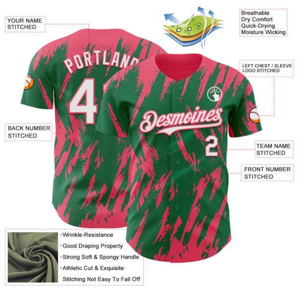 Custom Kelly Green White-Neon Pink Splatter Torn Sharp Brush Stroke Authentic Baseball Jersey