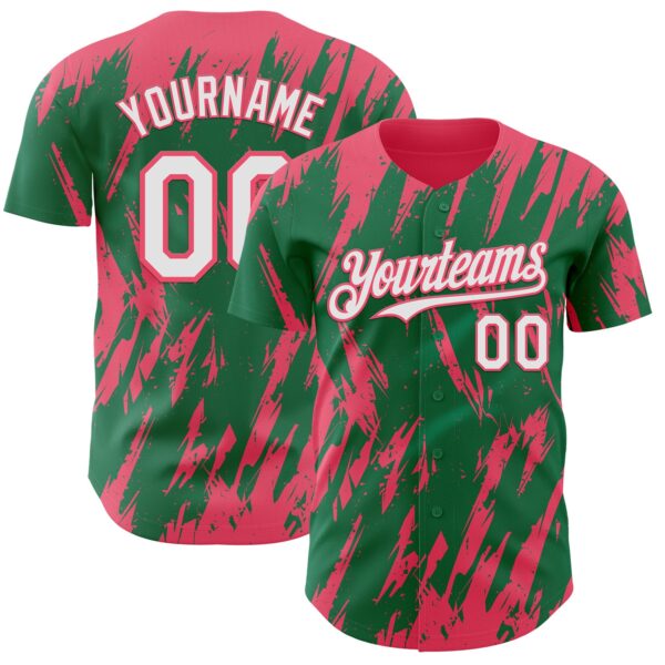 Custom Kelly Green White-Neon Pink Splatter Torn Sharp Brush Stroke Authentic Baseball Jersey