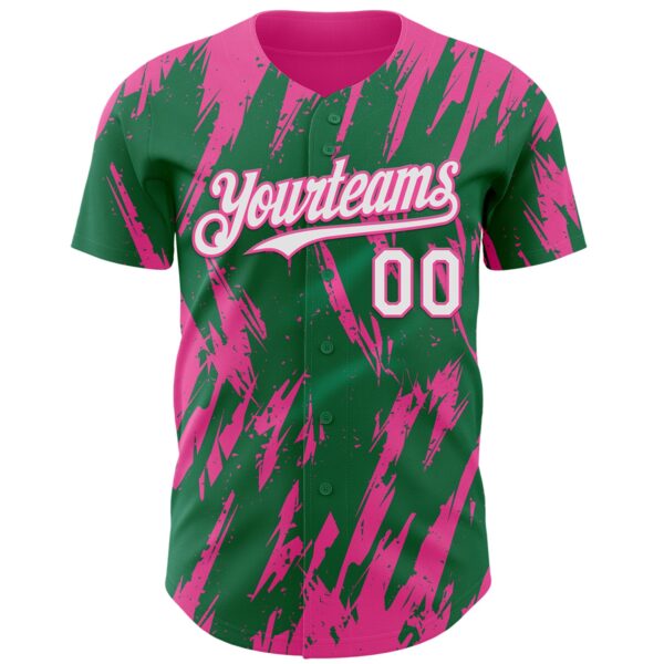 Custom Kelly Green White-Pink Splatter Torn Sharp Brush Stroke Authentic Baseball Jersey