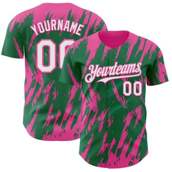 Custom Kelly Green White-Pink Splatter Torn Sharp Brush Stroke Authentic Baseball Jersey