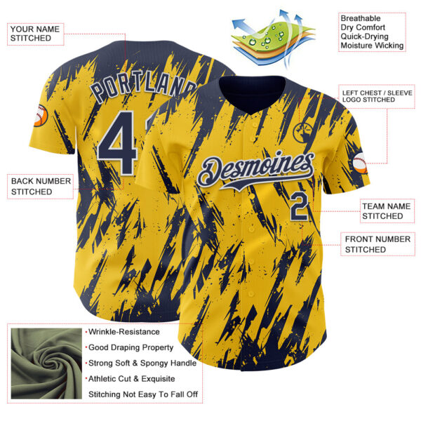 Custom Yellow Navy-White Splatter Torn Sharp Brush Stroke Authentic Baseball Jersey