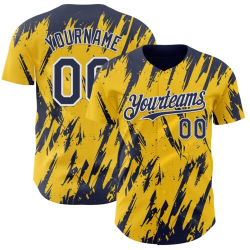 Custom Yellow Navy-White Splatter Torn Sharp Brush Stroke Authentic Baseball Jersey