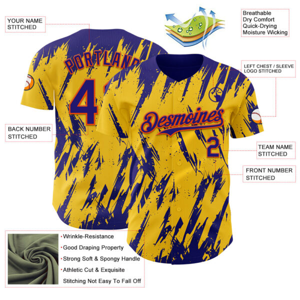Custom Yellow Dark Purple-Orange Splatter Torn Sharp Brush Stroke Authentic Baseball Jersey