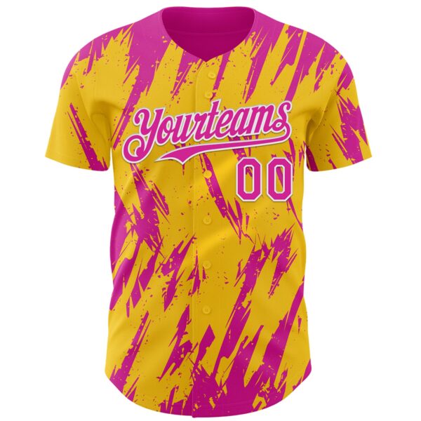 Custom Yellow Deep Pink-White Splatter Torn Sharp Brush Stroke Authentic Baseball Jersey