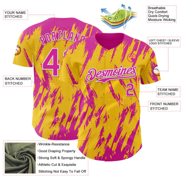 Custom Yellow Deep Pink-White Splatter Torn Sharp Brush Stroke Authentic Baseball Jersey