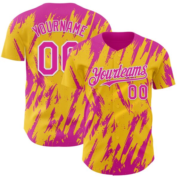 Custom Yellow Deep Pink-White Splatter Torn Sharp Brush Stroke Authentic Baseball Jersey