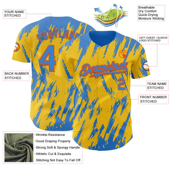 Custom Yellow Powder Blue-Orange Splatter Torn Sharp Brush Stroke Authentic Baseball Jersey