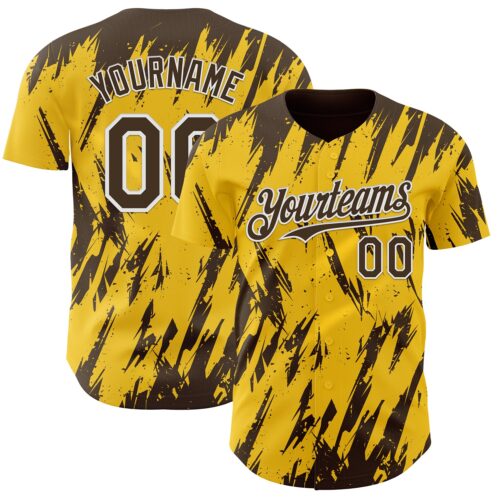 Custom Yellow Brown-White Splatter Torn Sharp Brush Stroke Authentic Baseball Jersey