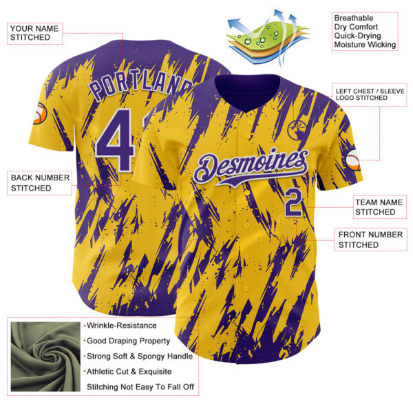 Custom Yellow Purple-White Splatter Torn Sharp Brush Stroke Authentic Baseball Jersey