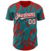Custom Teal White-Red Splatter Torn Sharp Brush Stroke Authentic Baseball Jersey