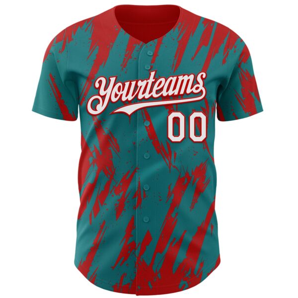 Custom Teal White-Red Splatter Torn Sharp Brush Stroke Authentic Baseball Jersey