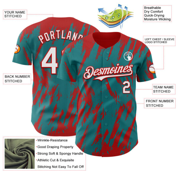 Custom Teal White-Red Splatter Torn Sharp Brush Stroke Authentic Baseball Jersey