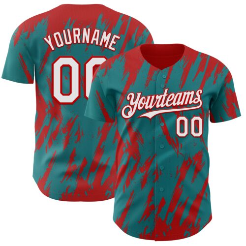 Custom Teal White-Red Splatter Torn Sharp Brush Stroke Authentic Baseball Jersey