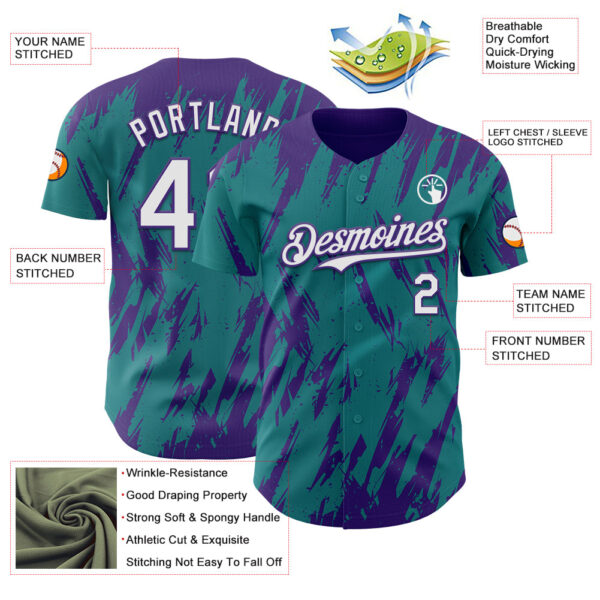 Custom Teal White-Purple Splatter Torn Sharp Brush Stroke Authentic Baseball Jersey