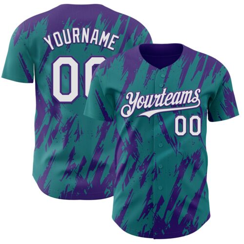 Custom Teal White-Purple Splatter Torn Sharp Brush Stroke Authentic Baseball Jersey