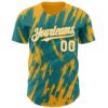 Custom Teal White-Gold Splatter Torn Sharp Brush Stroke Authentic Baseball Jersey