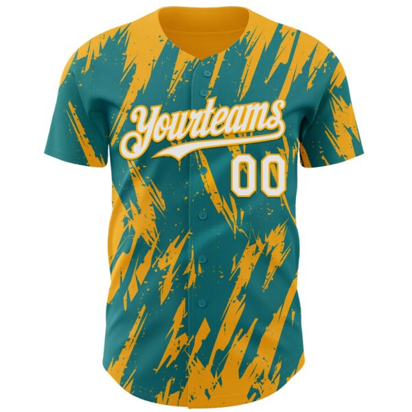 Custom Teal White-Gold Splatter Torn Sharp Brush Stroke Authentic Baseball Jersey