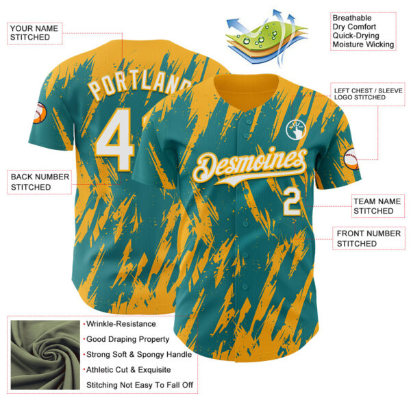 Custom Teal White-Gold Splatter Torn Sharp Brush Stroke Authentic Baseball Jersey