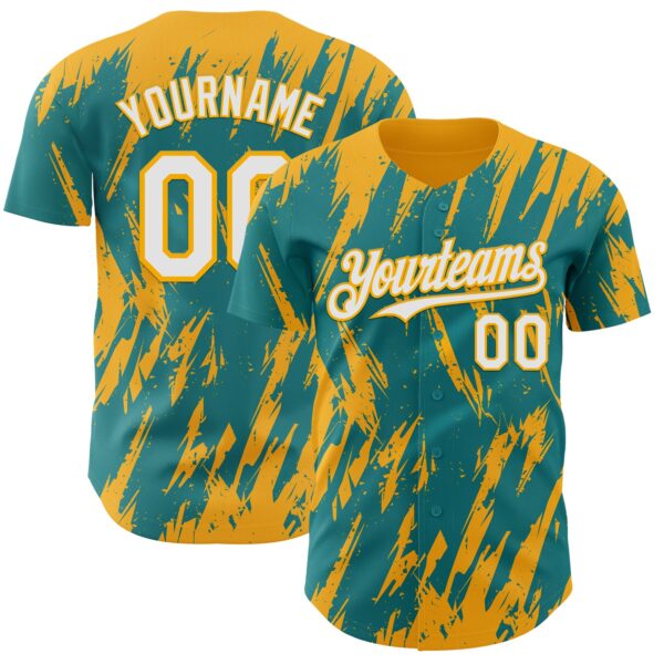Custom Teal White-Gold Splatter Torn Sharp Brush Stroke Authentic Baseball Jersey