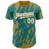 Custom Teal White-Old Gold Splatter Torn Sharp Brush Stroke Authentic Baseball Jersey