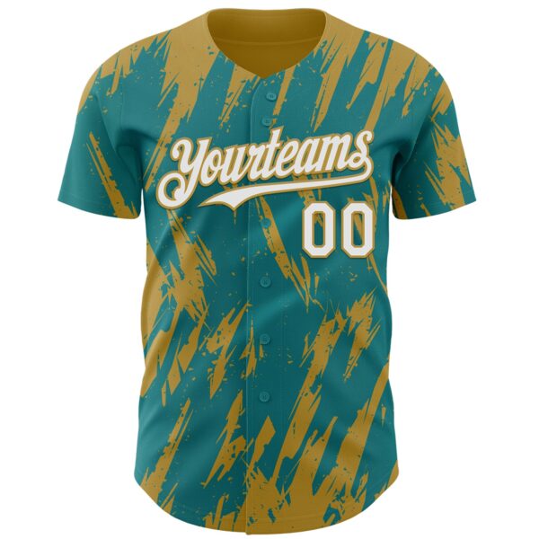 Custom Teal White-Old Gold Splatter Torn Sharp Brush Stroke Authentic Baseball Jersey