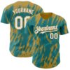 Custom Teal White-Old Gold Splatter Torn Sharp Brush Stroke Authentic Baseball Jersey