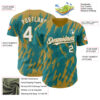 Custom Teal White-Old Gold Splatter Torn Sharp Brush Stroke Authentic Baseball Jersey