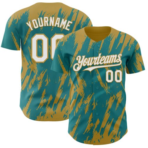 Custom Teal White-Old Gold Splatter Torn Sharp Brush Stroke Authentic Baseball Jersey