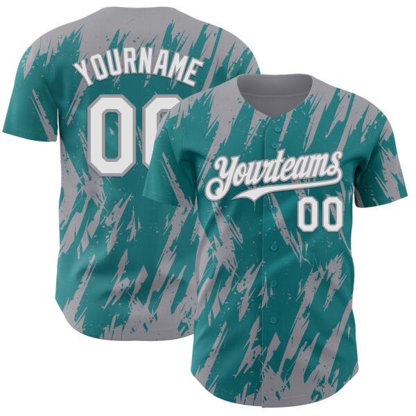 Custom Teal White-Gray Splatter Torn Sharp Brush Stroke Authentic Baseball Jersey
