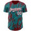 Custom Teal White-Crimson Splatter Torn Sharp Brush Stroke Authentic Baseball Jersey