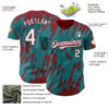 Custom Teal White-Crimson Splatter Torn Sharp Brush Stroke Authentic Baseball Jersey