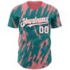 Custom Teal White-Medium Pink Splatter Torn Sharp Brush Stroke Authentic Baseball Jersey
