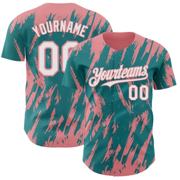 Custom Teal White-Medium Pink Splatter Torn Sharp Brush Stroke Authentic Baseball Jersey