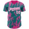 Custom Teal White-Pink Splatter Torn Sharp Brush Stroke Authentic Baseball Jersey