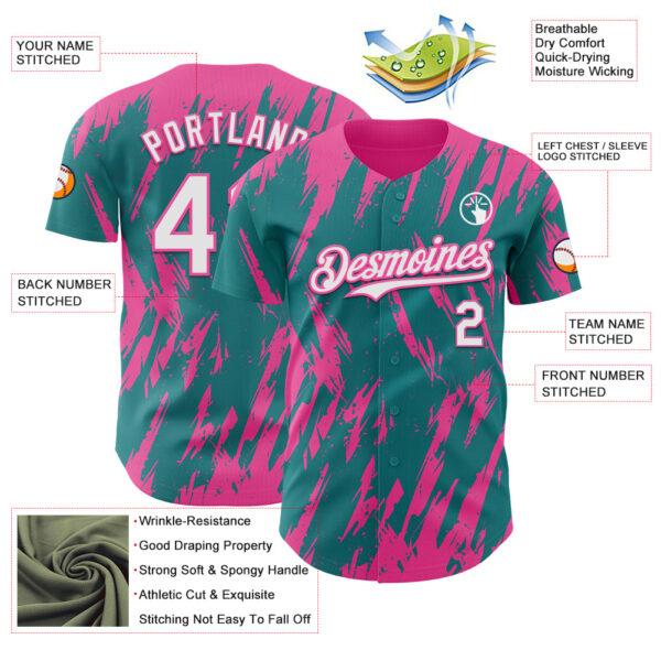 Custom Teal White-Pink Splatter Torn Sharp Brush Stroke Authentic Baseball Jersey