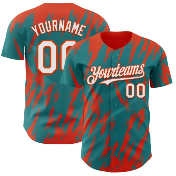 Custom Teal White-Orange Splatter Torn Sharp Brush Stroke Authentic Baseball Jersey