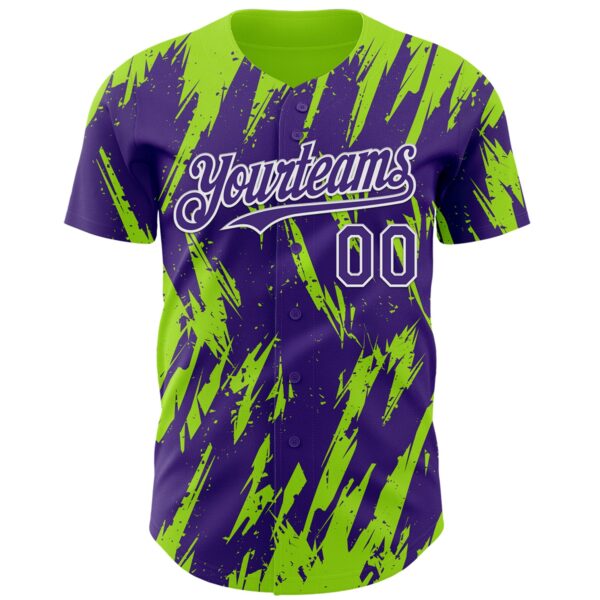 Custom Purple White-Neon Green Splatter Torn Sharp Brush Stroke Authentic Baseball Jersey