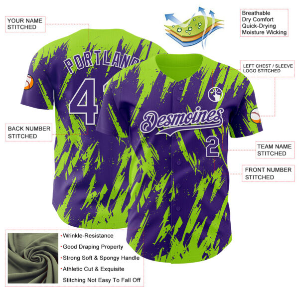 Custom Purple White-Neon Green Splatter Torn Sharp Brush Stroke Authentic Baseball Jersey