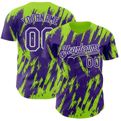 Custom Purple White-Neon Green Splatter Torn Sharp Brush Stroke Authentic Baseball Jersey