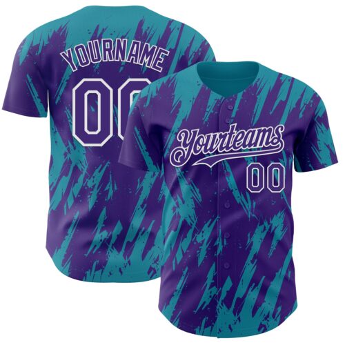 Custom Purple White-Teal Splatter Torn Sharp Brush Stroke Authentic Baseball Jersey
