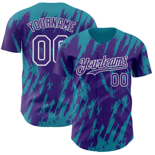 Custom Purple White-Teal Splatter Torn Sharp Brush Stroke Authentic Baseball Jersey
