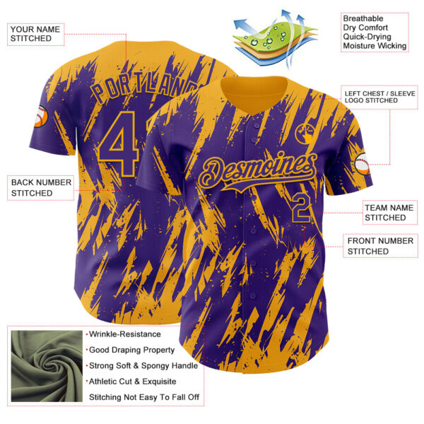 Custom Purple Gold Splatter Torn Sharp Brush Stroke Authentic Baseball Jersey