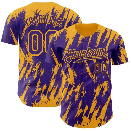 Custom Purple Gold Splatter Torn Sharp Brush Stroke Authentic Baseball Jersey