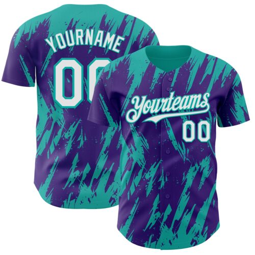 Custom Purple White-Aqua Splatter Torn Sharp Brush Stroke Authentic Baseball Jersey