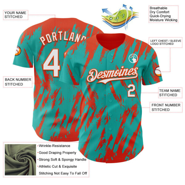 Custom Aqua White-Orange Splatter Torn Sharp Brush Stroke Authentic Baseball Jersey