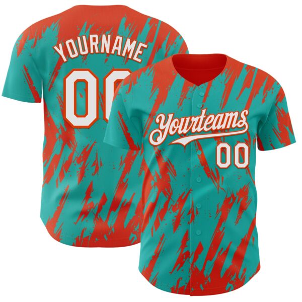 Custom Aqua White-Orange Splatter Torn Sharp Brush Stroke Authentic Baseball Jersey