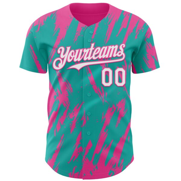 Custom Aqua White-Pink Splatter Torn Sharp Brush Stroke Authentic Baseball Jersey
