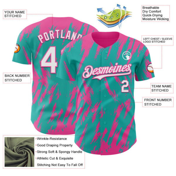 Custom Aqua White-Pink Splatter Torn Sharp Brush Stroke Authentic Baseball Jersey