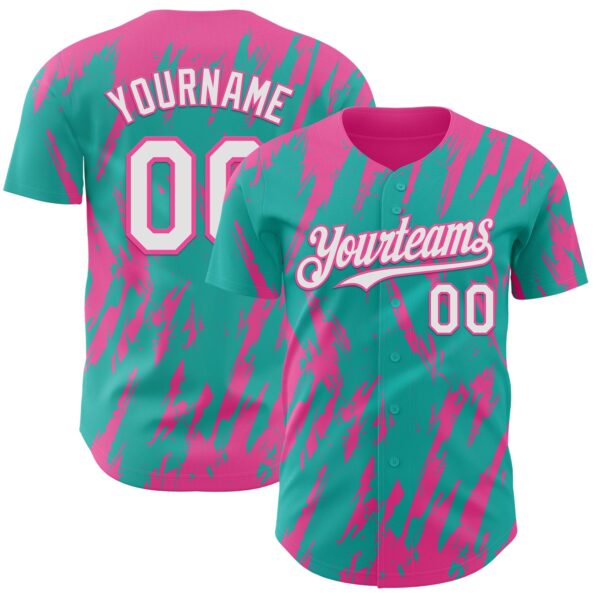 Custom Aqua White-Pink Splatter Torn Sharp Brush Stroke Authentic Baseball Jersey