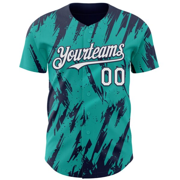 Custom Aqua White-Navy Splatter Torn Sharp Brush Stroke Authentic Baseball Jersey